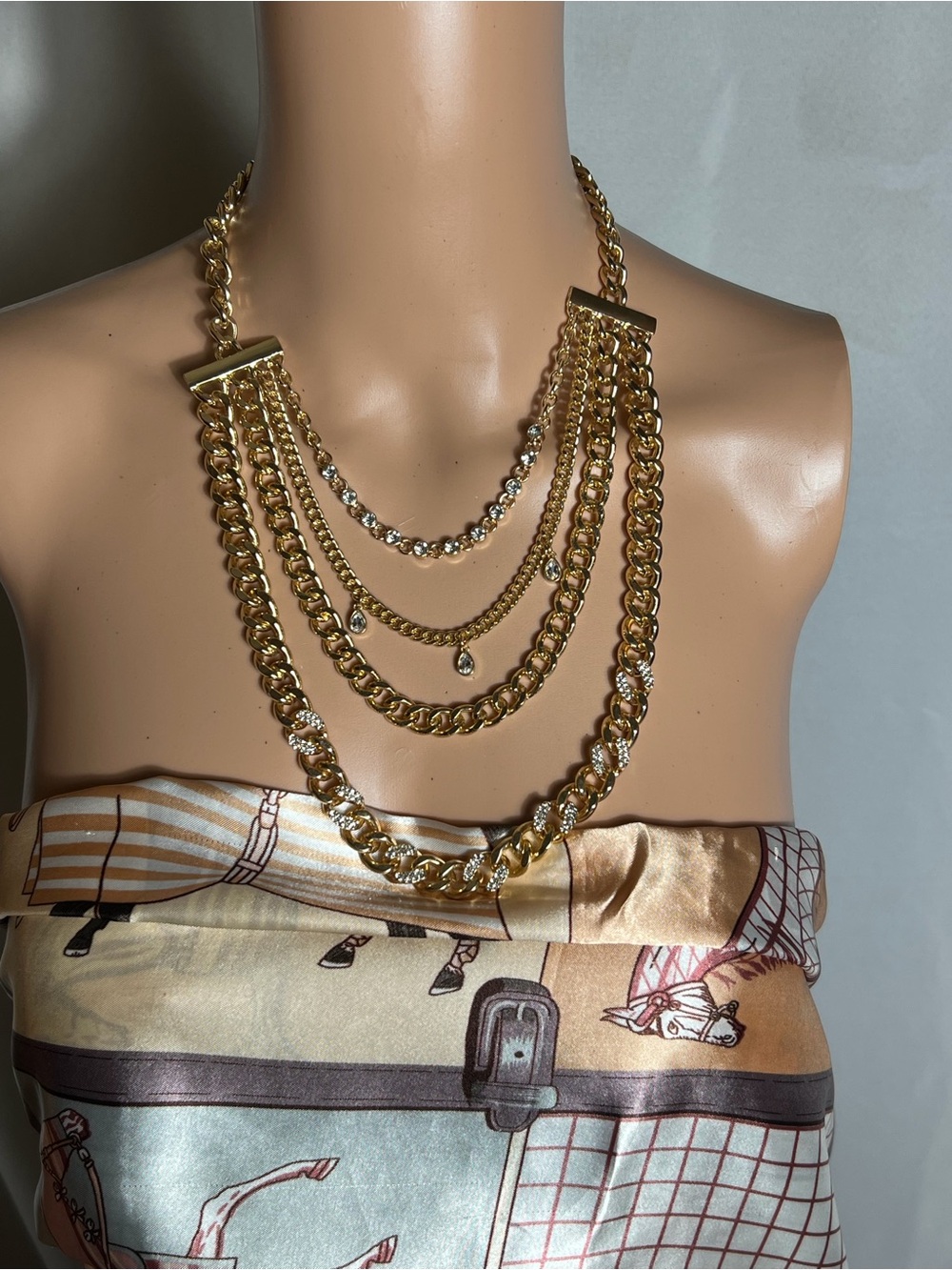 Gold Tone Layered Chain Statement Necklace Rhinestone Teardrop Bib